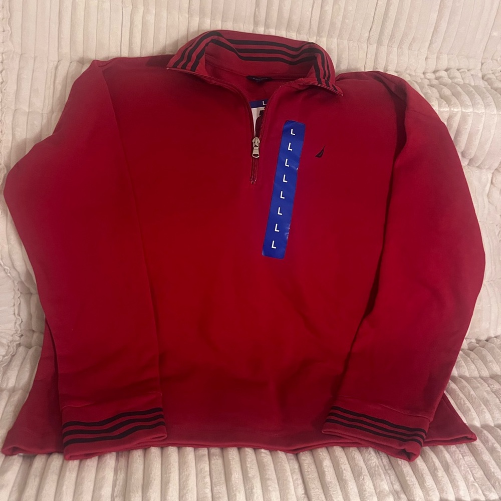 Nautica Red Quarter-Zip Pullover with Striped Collar